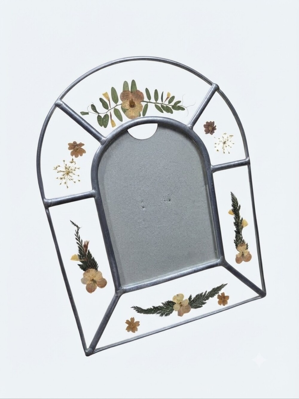 Vintage Pressed Flower Picture Frame Stained Leaded Glass Foil Botanical Arch